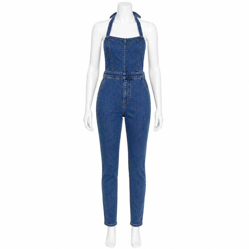 Topshop Blue Denim Halter Corset Slim Fit Jumpsuit Overalls Women's - Size 2